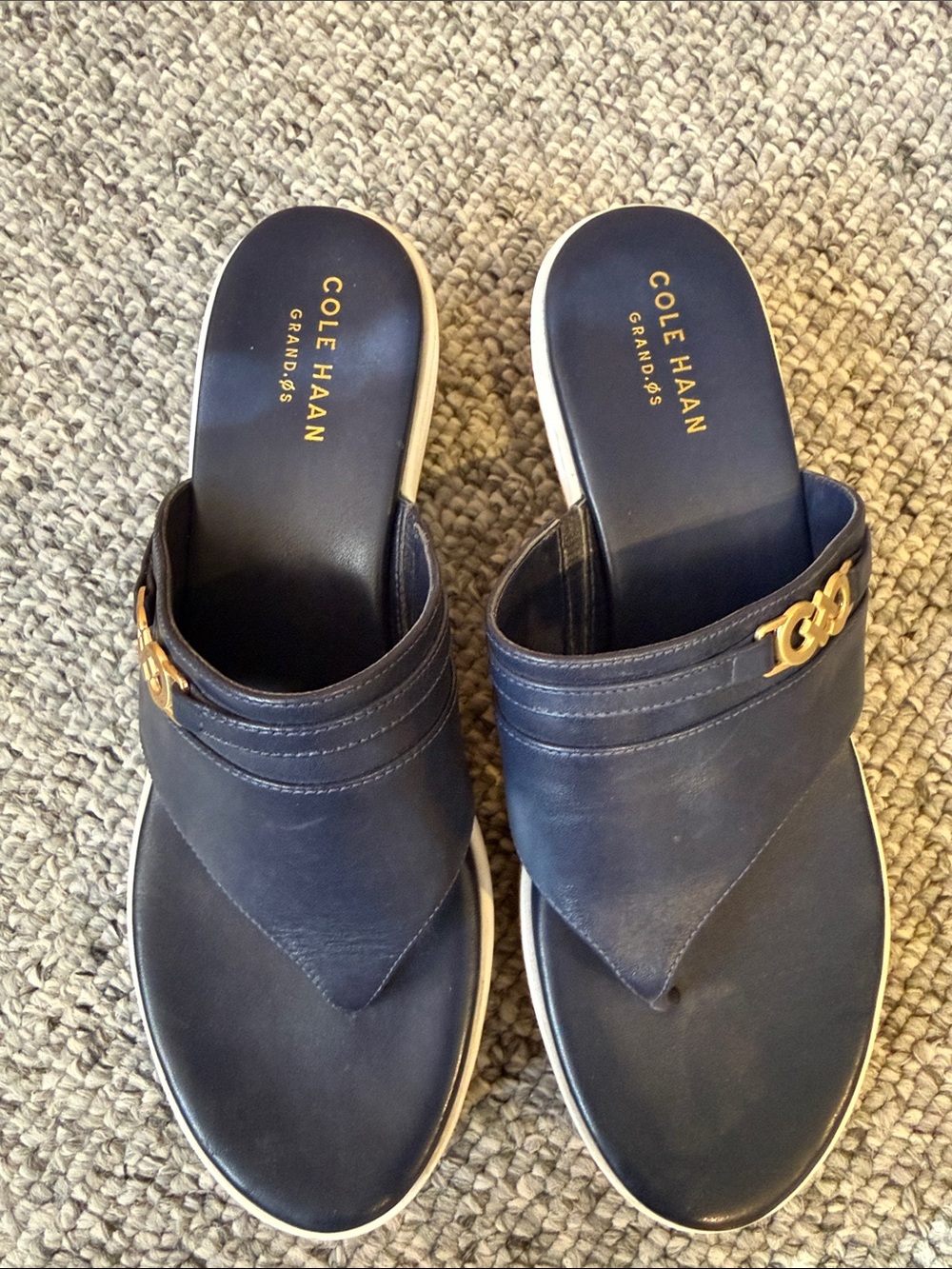Cole Haan Navy Leather Cork Wedge Thong Sandals with Gold Accent Size 8 Like New - Picture 2 of 6